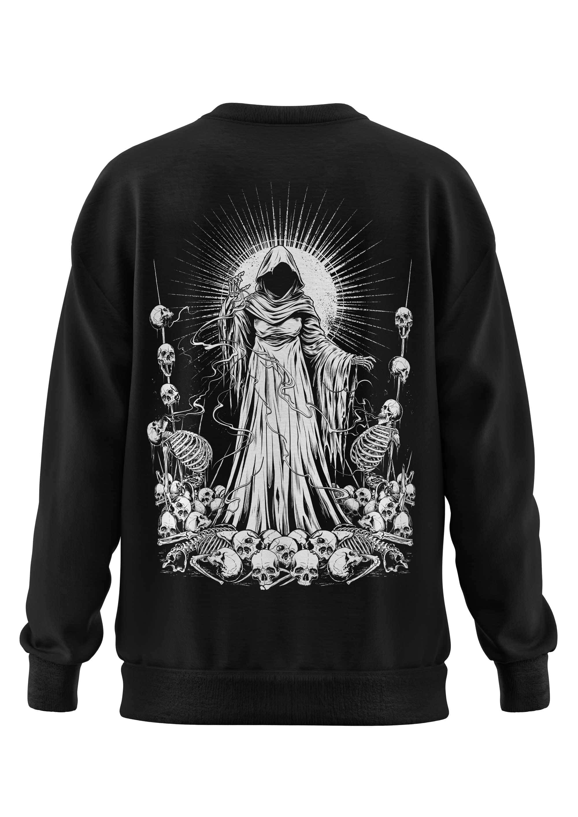 Schweres unisex-sweatshirt soul reaper mit detailliertem weißem grim reaper design aus recyceltem polyester
